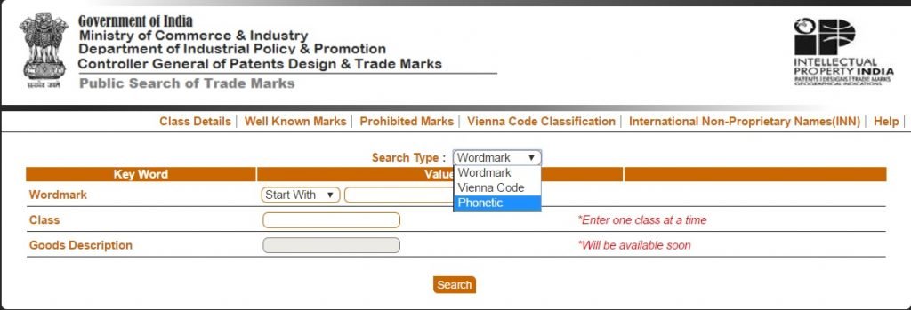Indian trademark search - phonetic search selection option
