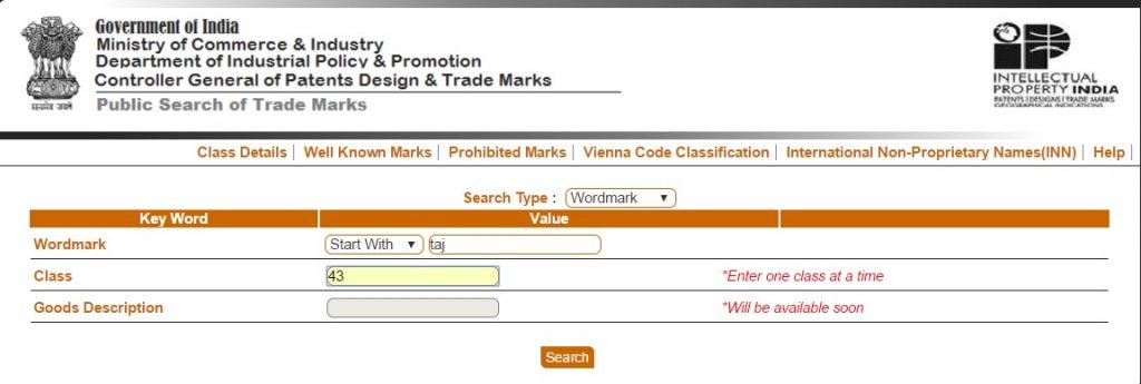 Indian Trademark Search Database Wordmark Search Query